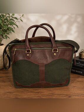 Orvis Battenkill Green Canvas Brown Leather Briefcase Messenger Laptop Bag